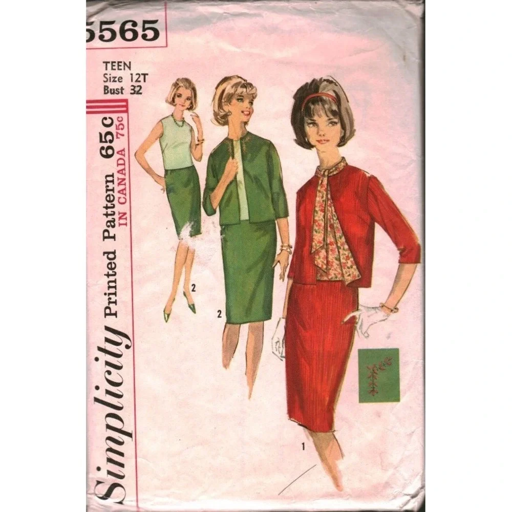 Vintage 1964 Simplicity 5565 Sewing Pattern Teen Suit Skirt Blouse Jacket Sz 12T